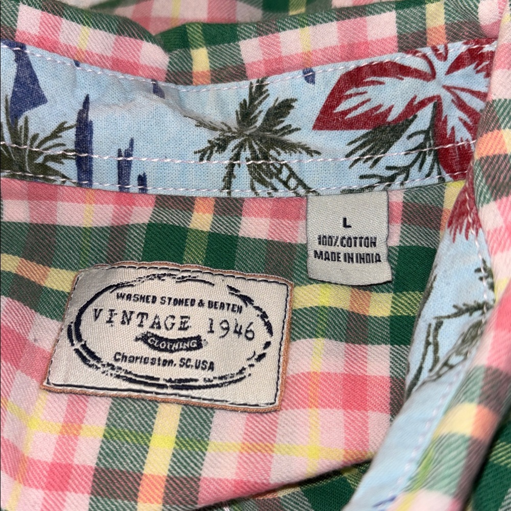 Vintage 1946 Preppy Plaid Button-Up Shirt Tropical Green Charleston Pink Lrg EUC - Picture 4 of 13